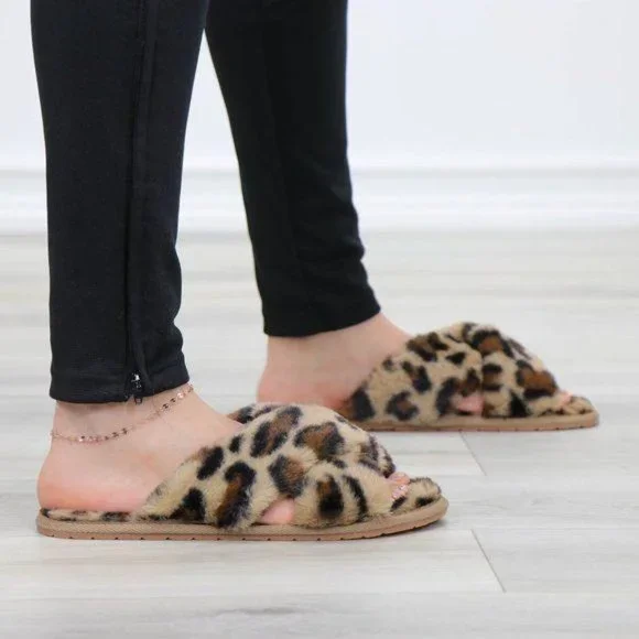 Leopard  Fuzzy Furry Criss Cross Sandal Sliders - Picture 8 of 14